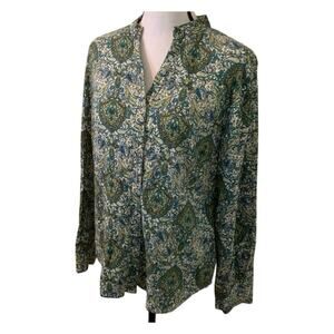 Woman's Blouse Size 16 Charter Club Green Tones Paisley V-Neck Mandarin Collar